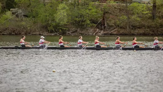 Photo of the Women's Rowing 2V8 racing in the Patriot League Championship