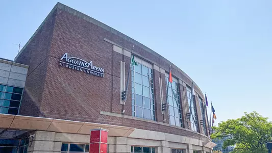 Photo of the exterior of Agganis Arena on a sunny day in May.