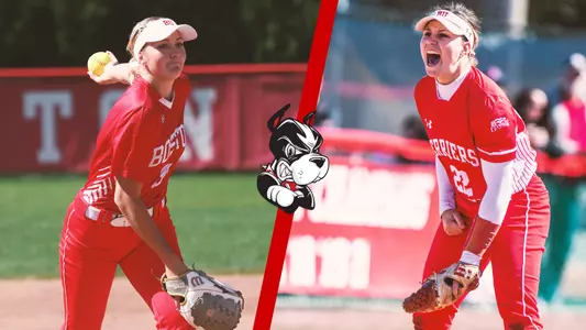 Allison Boaz is in the middle of a wind up on the left side of split graphic while Caitlin Coker is on the right side letting out a big scream playing defense at third base.