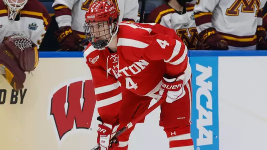 Ty Gallagher waiting for a faceoff at the Frozen Four