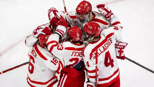 Five men's ice hockey players celebrate a goal together