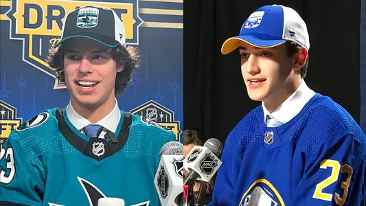 Photo of Brandon Svoboda at his NHL Draft press conference next to a photo of Gavin McCarthy at his NHL Draft press conference