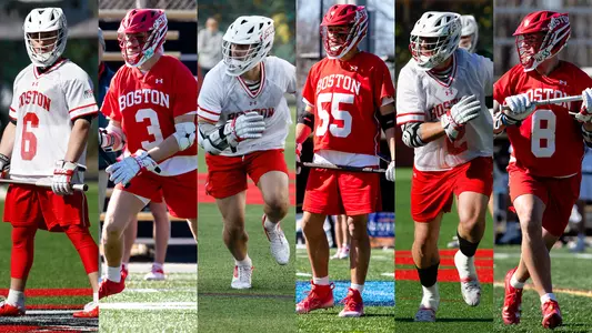 Photos of Conor Calderone, Jett Dziama, Vince D'Alto, Roy Meyer, Thomas Niedringhaus and Louis Perfetto playing lacrosse