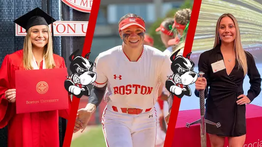 Three different photos of Caitlin Coker are shown, one on the left is of her receiving a degree, second is of her running through a softball tunnel in uniform and third on right is of her in a dress holding a sword at the BU Scarlet Key honor society.