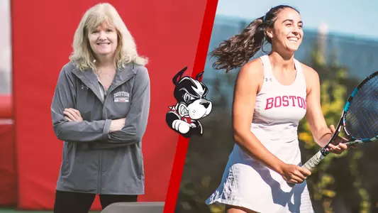 Lesley Sheehan is standing and smiling watch a match on the left side of the graphic, while Shelly Yaloz is standing holding her racquet smiling on the right side.