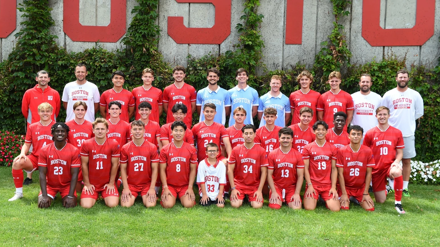 2023 BU men's soccer team lined up in three rows for a group photo