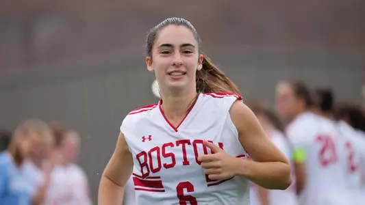 Photo of women's soccer freshman Samantha Aronson being introduced for starting lineups.