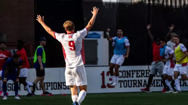 Alex Bonnington celebrates his first collegiate goal in Terrier Tailgate game vs. UMass Lowell