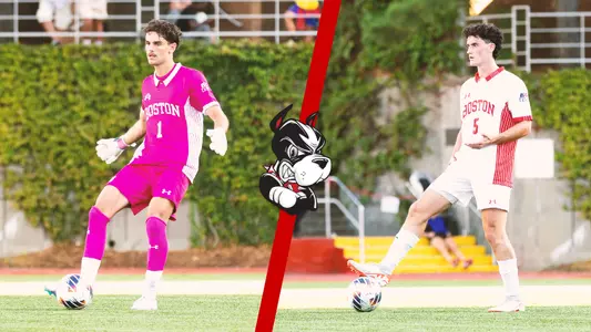 Goalkeeper Francesco Montali is on the left side of the split graphic with the ball at his foot. Defender Griffin Roach is on the right holding a ball with his foot.