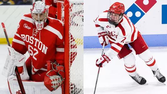 Photo of Mathieu Caron playing goaltender next to a photo of Macklin Celebrini skating