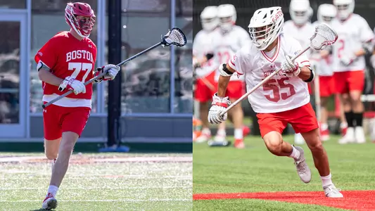Action photo of Patrick Morrison playing lacrosse is to the left of an action photo of Roy Meyer playing lacrosse.