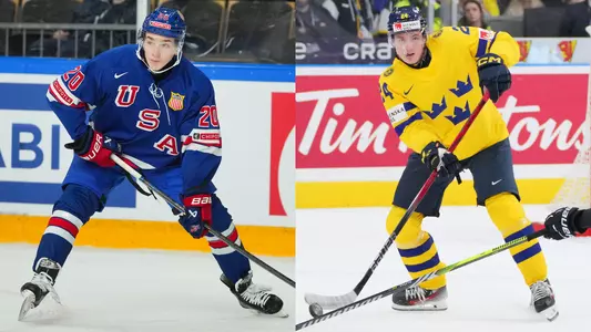 Action photo of Lane Hutson playing for Team USA next to action photo of Tom Willander skating for Sweden