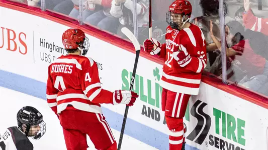 Jack Harvey celebrates his goal with Jack Hughes