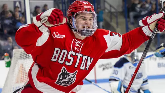 Cole Eiserman celebrates a goal at Maine