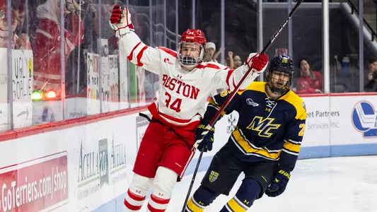 Cole Eiserman celebrates a goal against Merrimack