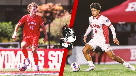 Quin DeLaMater is on the left side of the split graphic dribbling a ball, and Diego Rived on the right dribbling a ball as well.