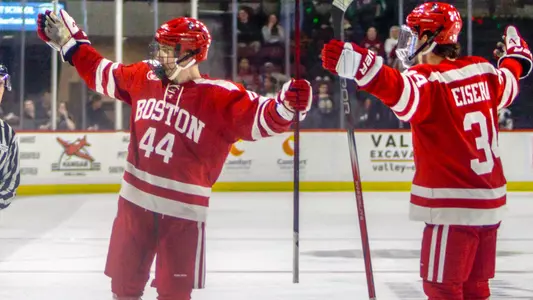 Cole Hutson and Cole Eiserman celebrating a goal at UMass