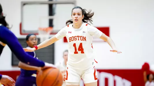 Photo of women's basketball sophomore Ines Monteagudo playing defense at Case Gym.