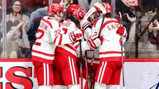 Men's ice hockey players celebrating a goal at Agganis Arena