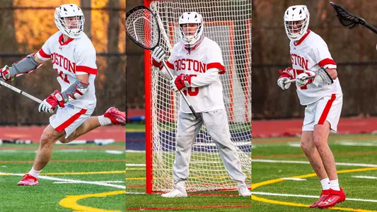 Photo of Vince D'Alto playing lacrosse next to a photo of Will Barnes playing lacrosse next to a photo of Patrick Morrison playing lacrosse