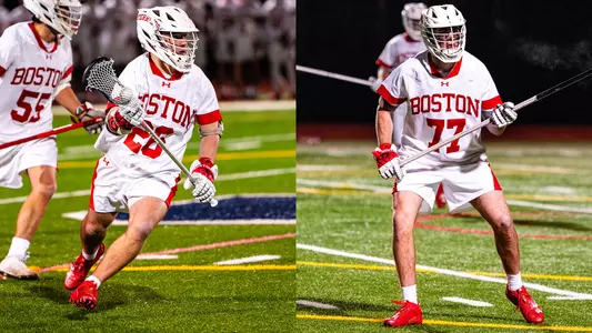 Action photo of Matthew Fritz playing lacrosse next to an action photo of Patrick Morrison playing lacrosse