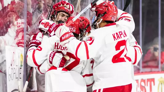 Men's ice hockey players celebrating a goal