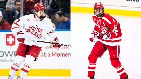 Action photo of Macklin Celebrini next to an action photo of Cade Webber