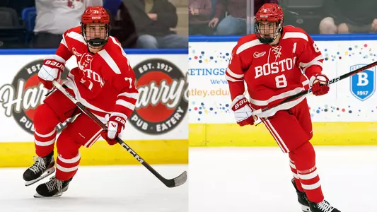 Action photo of Macklin Celebrini next to action photo of Cade Webber