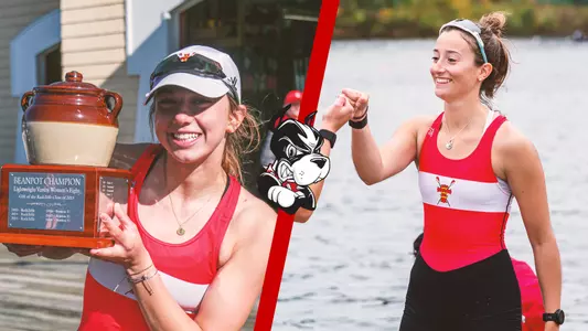 Side-by-side photos of lightweight rowers Ela Ersan (left) holding a trophy and Zoey Goodness (right) fist-bumping a teammate.