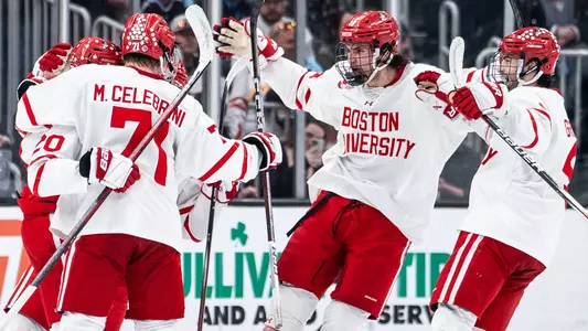 Men's ice hockey players celebrating a goal