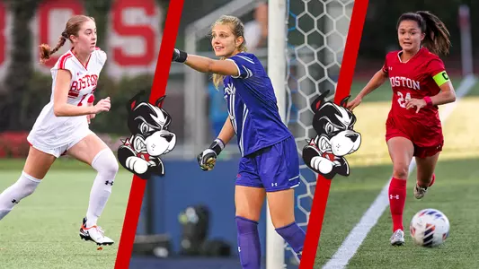 Photos of Eileen Solomon (left), Celia Braun (center), and Lily Matthews (right) playing soccer for BU.
