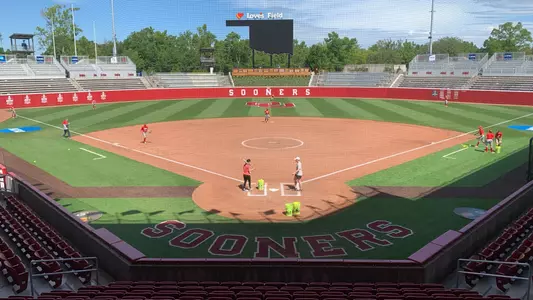 Wide angle shot of BU softball practicing at Oklahoma's Love's Field