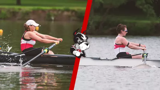 Photo of Women's Rowing seniors Anna Dechantsreiter (left) and Lulu November (right) rowing in the Patriot League Championship.
