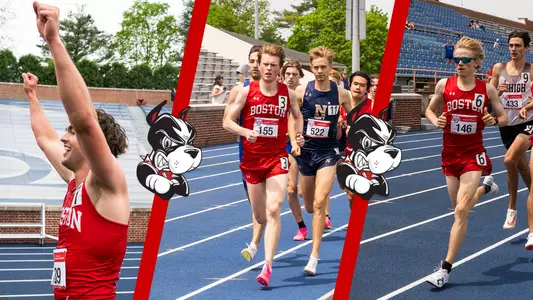 Photo of Stuart celebrating next to a photo of Foster running next to a photo of Moritz running