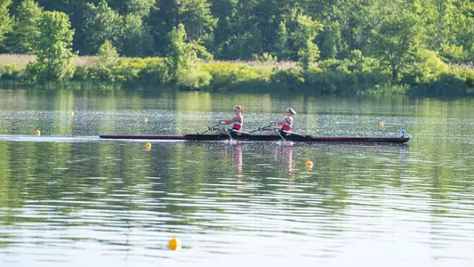 Photo of the BU Lightweight Rowing Double racing at the IRA Championship.