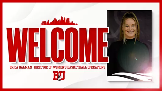 Graphic announcing Erica Balman's hire as Director of Women's Basketball Operations, with a headshot of Balman.