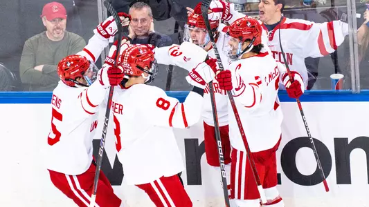 Men's ice hockey players celebrate a goal