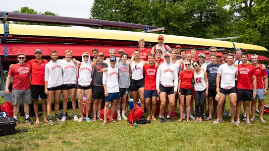 Photo of the BU Men's Rowing team after competing in the IRA Championship.