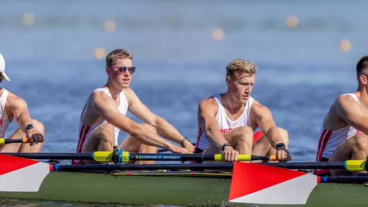 Photo of men's rowers Jan Koska (left) and Maxwell Kreutzelman (right) in their cooldown after racing at the IRA Championship.