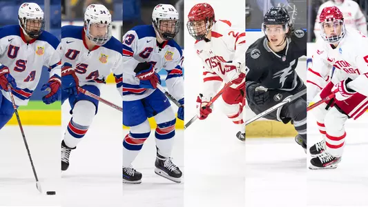 Action photos of Kamil Bednarik, Cole Eiserman, Cole Hutson, Gavin McCarthy, Brandon Svoboda and Tom Willander