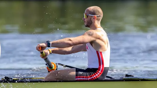 Photo of BU men's rowing junior Tucker Thomas competing in the IRA Championship.