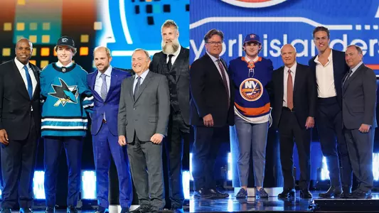 Photos of Macklin Celebrini and Cole Eiserman on the NHL Draft stage