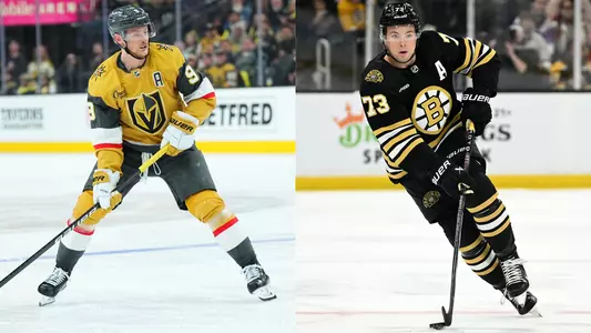 Action Photos of Jack Eichel skating for Vegas and Charlie McAvoy skating for Boston next to each other