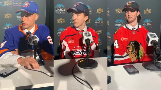 Photos of Kamil Bednarik, Cole Hutson and Jack Pridham at 2024 NHL Draft media podiums
