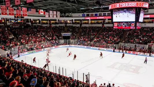 Wide shot of game action at Agganis Arena