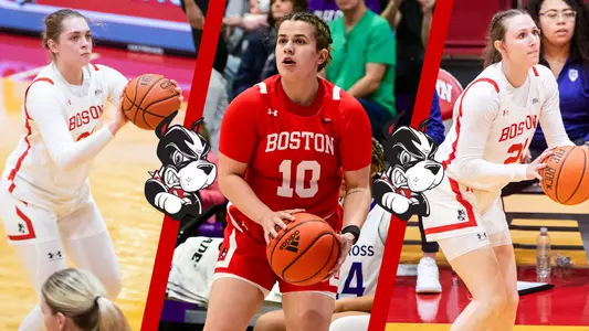 Side-by-side photos, from left to right, of women's basketball student-athletes Anastasiia Semenova, Alex Giannaros, and Audrey Ericksen.