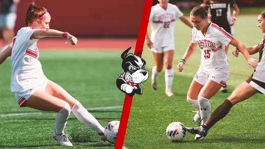 Photos, from left to right, of Margy Porta and Giulianna Gianino playing soccer.