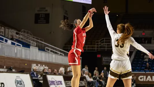 Photo of women's basketball sophomore Inés Monteagudo shooting a three-pointer at Lehigh.