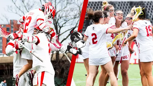 Men's lacrosse celebration photo next to a women's lacrosse celebration photo