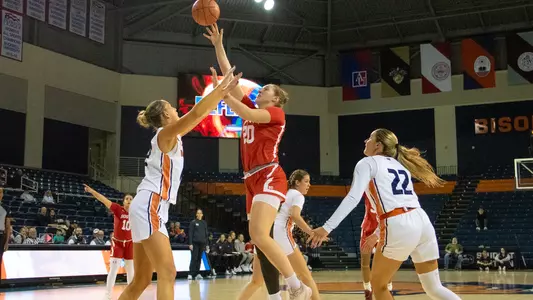 Photo of women's basketball junior Anete Adler shooting a floater at Bucknell.